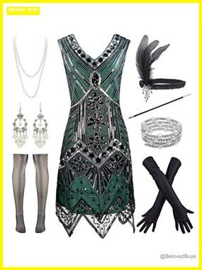 1920s Flapper Sequin Cocktail Prom Dress with Accessories Set
